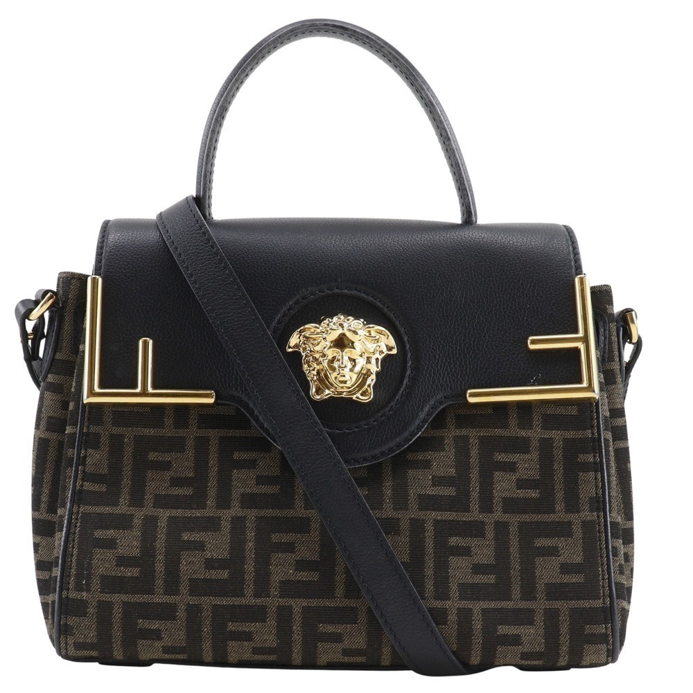 FENDI La Medusa Zucca Versace Fenderche Handbag Canvas Leather Black
